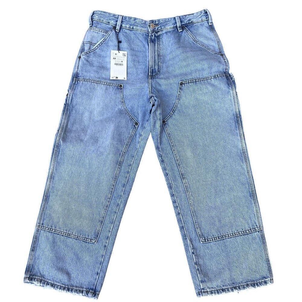 Zara NWT Size USA 34 EUR 44 Double Knee Wide Leg Utility Denim Carpenter Jeans